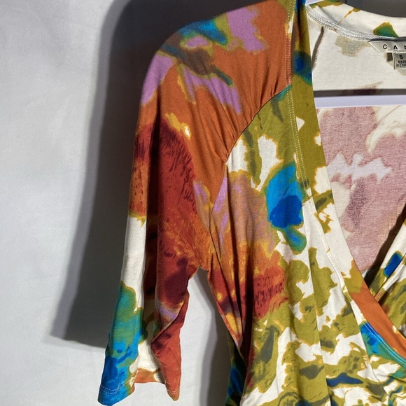 55-1 CABI white red multicolor floral faux wrap short sleeve jersey knit top S - Picture 3 of 6